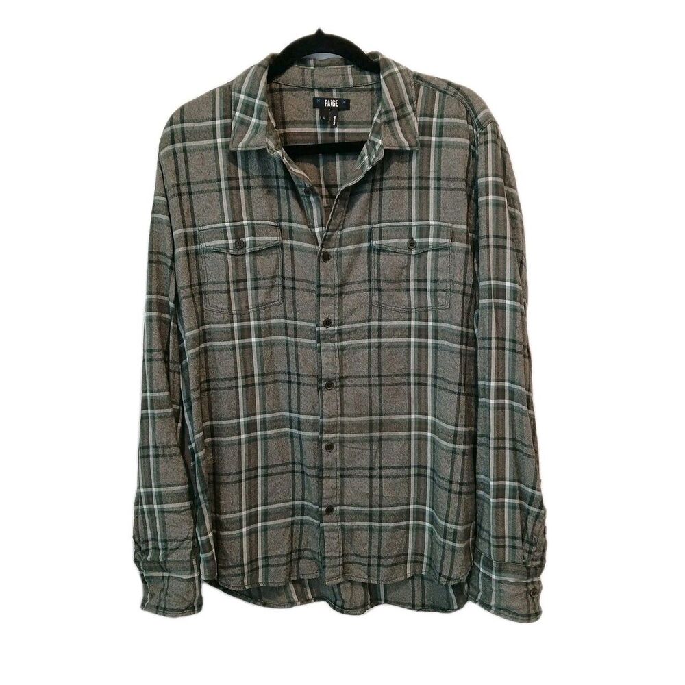 PAIGE Men's Everett Plaid Flannel Shirt  Smoked Olive (Large) Green White Brown